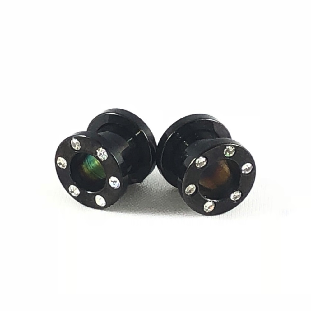 0g4g6g8g Pair Black Stainless Steel CZ Ear Tunnels